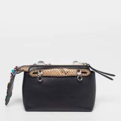 Pre Owned Fendi Flowerland By The Way Mini Black Leather and Python Trim Shoulder Bag