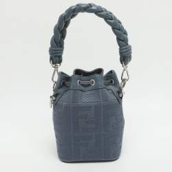 Pre Owned Fendi Mon Tresor Mini Blue Canvas Leather Bucket Bag