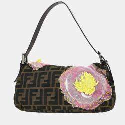 Pre Owned Fendi Floral Embroidered Baguette Brown Zucca Canvas Shoulder Bag