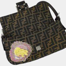 Pre Owned Fendi Floral Embroidered Baguette Brown Zucca Canvas Shoulder Bag