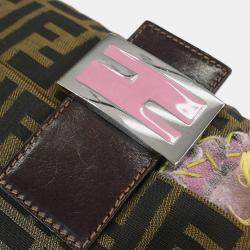 Pre Owned Fendi Floral Embroidered Baguette Brown Zucca Canvas Shoulder Bag