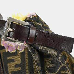 Pre Owned Fendi Floral Embroidered Baguette Brown Zucca Canvas Shoulder Bag