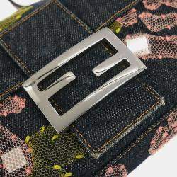 Pre Owned Fendi Floral Baguette Navy Denim Shoulder Bag