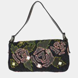 Pre Owned Fendi Floral Baguette Navy Denim Shoulder Bag