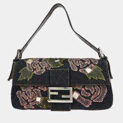 مملوكة مسبقًا Fendi Navy Denim Floral Baguette Handbag