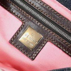 Pre Owned Fendi Floral Baguette Navy Denim Shoulder Bag