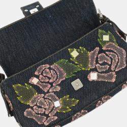Pre Owned Fendi Floral Baguette Navy Denim Shoulder Bag