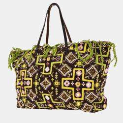 Pre Owned Fendi Brown Canvas Beads Embroidered Tote Handbag