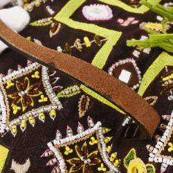 Pre Owned Fendi Brown Canvas Beads Embroidered Tote Handbag