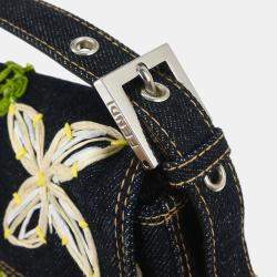 Pre Owned Fendi Navy Denim Flower Embroidered Baguette Handbag