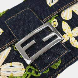 Pre Owned Fendi Navy Denim Flower Embroidered Baguette Handbag