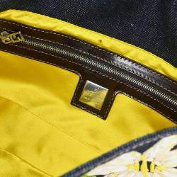 Pre Owned Fendi Navy Denim Flower Embroidered Baguette Handbag