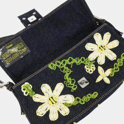 Pre Owned Fendi Navy Denim Flower Embroidered Baguette Handbag