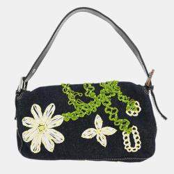 Pre Owned Fendi Navy Denim Flower Embroidered Baguette Handbag