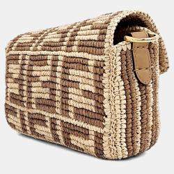 Pre Owned Fendi Beige Brown Raffia Raffia Baguette Mini