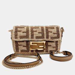 Pre Owned Fendi Beige Brown Raffia Raffia Baguette Mini