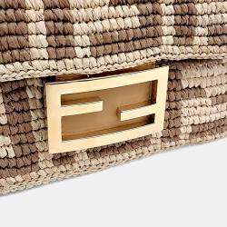 Pre Owned Fendi Beige Brown Raffia Raffia Baguette Mini