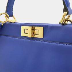 Pre Owned Fendi Peekaboo Regular Handbag/Tote/Shoulder Bag In Blue Leather