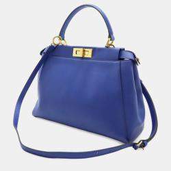 Pre Owned Fendi Peekaboo Regular Handbag/Tote/Shoulder Bag In Blue Leather