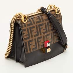 Pre Owned Fendi Kan I Medium Black/Brown Zucca Embossed Leather Shoulder Bag