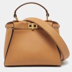 Pre Owned Fendi Peekaboo Mini Beige Leather Top Handle Bag