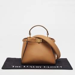 Pre Owned Fendi Peekaboo Mini Beige Leather Top Handle Bag