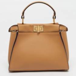 Pre Owned Fendi Peekaboo Mini Beige Leather Top Handle Bag