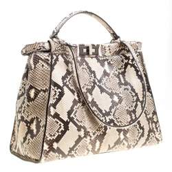 Pre Owned Fendi Beige Python with Suede and Python Lining Large Peekaboo Top Handle Bag