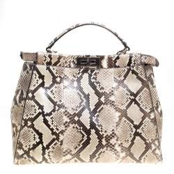 Pre Owned Fendi Beige Python with Suede and Python Lining Large Peekaboo Top Handle Bag