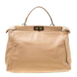 Pre Owned Fendi Beige Leather Large Peekaboo Top Handle Bag