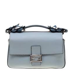 Pre Owned Fendi Blue Flowerland Leather Double Micro Baguette Bag