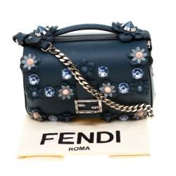 Pre Owned Fendi Blue Flowerland Leather Double Micro Baguette Bag