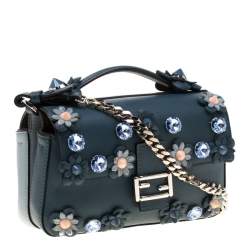 Pre Owned Fendi Blue Flowerland Leather Double Micro Baguette Bag