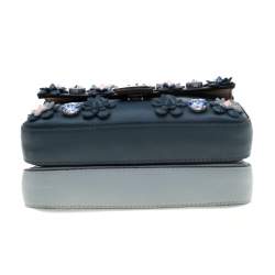 Pre Owned Fendi Blue Flowerland Leather Double Micro Baguette Bag