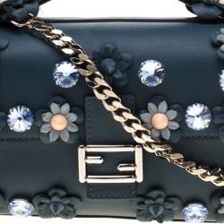 Pre Owned Fendi Blue Flowerland Leather Double Micro Baguette Bag