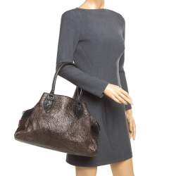 Pre Owned Fendi Dark Brown/Shimmer Gold Leather De Jour Media Crisp Satchel