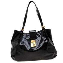 Pre Owned Fendi Black Zucchino Patent Leather Chiusura Tote