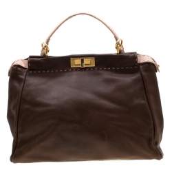 Pre Owned Fendi Brown/Pink Selleria Leather Large Peekaboo Top Handle Bag