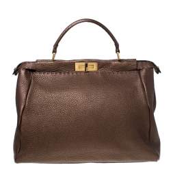 Pre Owned Fendi Metallic Brown Selleria Leather Large Peekaboo Top Handle Bag