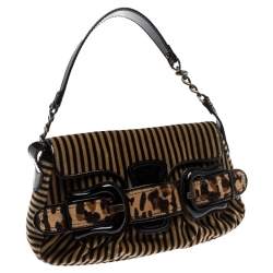 Pre Owned Fendi Brown/Black Striped Velvet and Calfhair B Bis Shoulder Bag