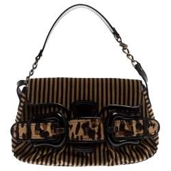 Pre Owned Fendi Brown/Black Striped Velvet and Calfhair B Bis Shoulder Bag