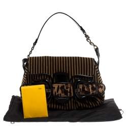 Pre Owned Fendi Brown/Black Striped Velvet and Calfhair B Bis Shoulder Bag