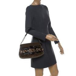 Pre Owned Fendi Brown/Black Striped Velvet and Calfhair B Bis Shoulder Bag