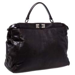 Pre Owned Fendi Dark Brown Leather Large Peekaboo Top Handle Bag