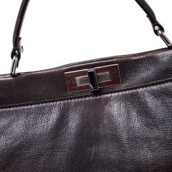Pre Owned Fendi Dark Brown Leather Large Peekaboo Top Handle Bag