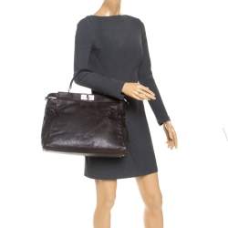 Pre Owned Fendi Dark Brown Leather Large Peekaboo Top Handle Bag