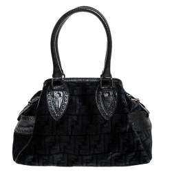 Pre Owned Fendi Black Zucchino Jacquard Etniko Satchel
