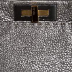 Pre Owned Fendi Metallic Grey Selleria Leather Medium Peekaboo Top Handle Bag