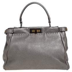 Pre Owned Fendi Metallic Grey Selleria Leather Medium Peekaboo Top Handle Bag