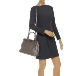 Pre Owned Fendi Metallic Grey Selleria Leather Medium Peekaboo Top Handle Bag